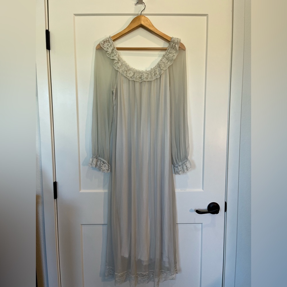 Romantic sheer flowy lace detailing fairycore boho cottagecore maxi dress Sz L - Picture 9 of 12